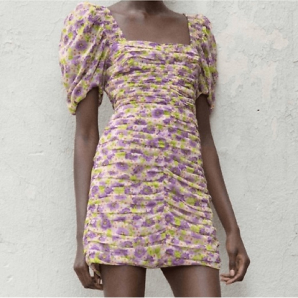 ZARA Draped Ruched Puff Sleeves Floral Lilac Bodycon S